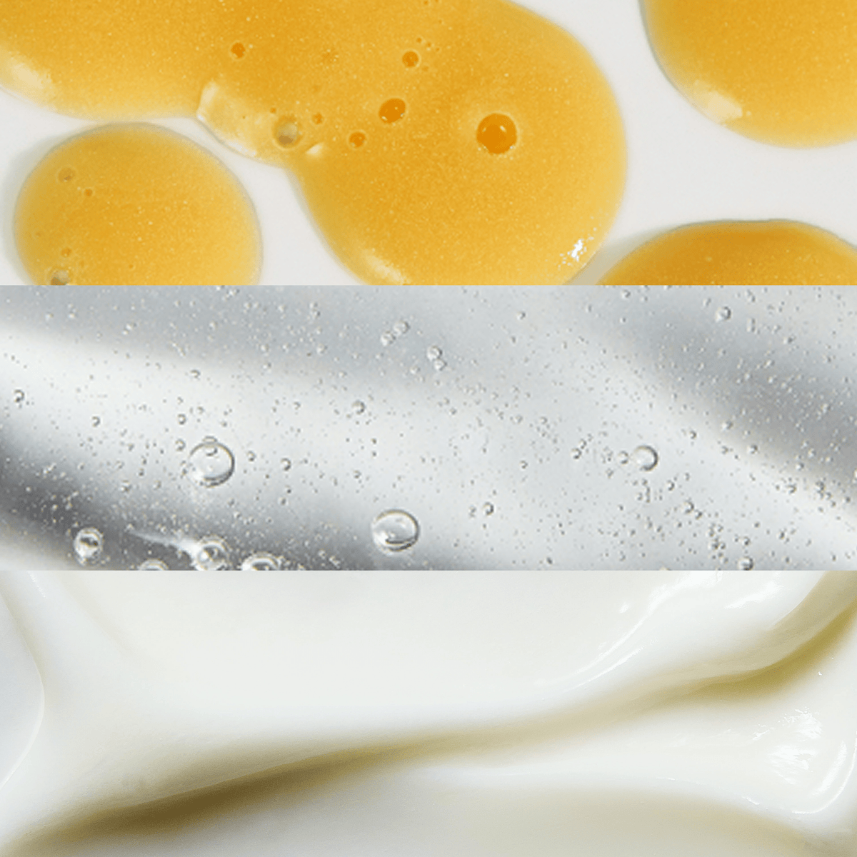 Three horizontal texture swatches of skincare products: golden gel droplets, clear gel, and a smooth white cream texture.